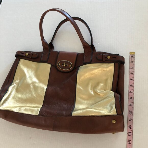 FOSSIL Vintage Reissue Brown Leather Shimmer Gold XL Weekender Duffle Bag RARE - Picture 7 of 11